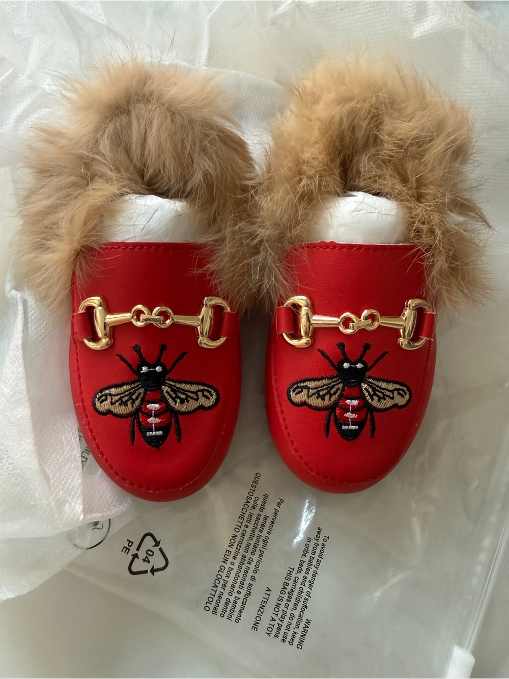 Kids Red Fur-Trim Bee Slip-On Shoes
